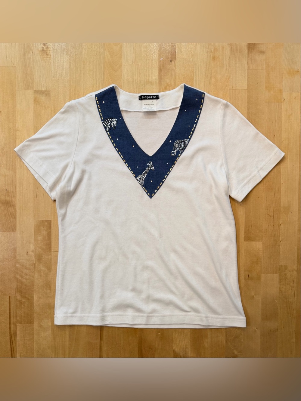 Gepetto White Short Sleeve Top with Studded Animal V-Neck Accent
